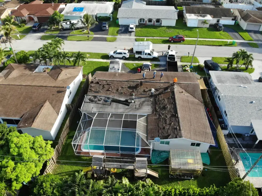 Completed roof replacement on a South Florida home photographed from the air