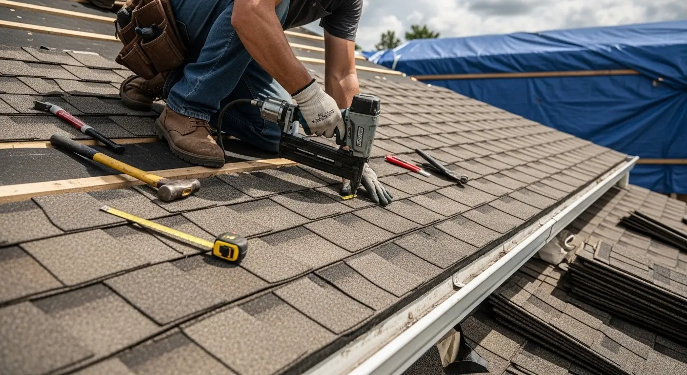 Roofer nailing architectural shingles along an eave fitted with a white aluminum gutter
