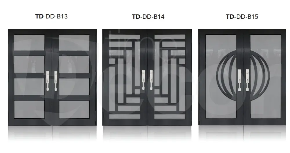 Catalog sheet showing decorative impact-rated entry door designs