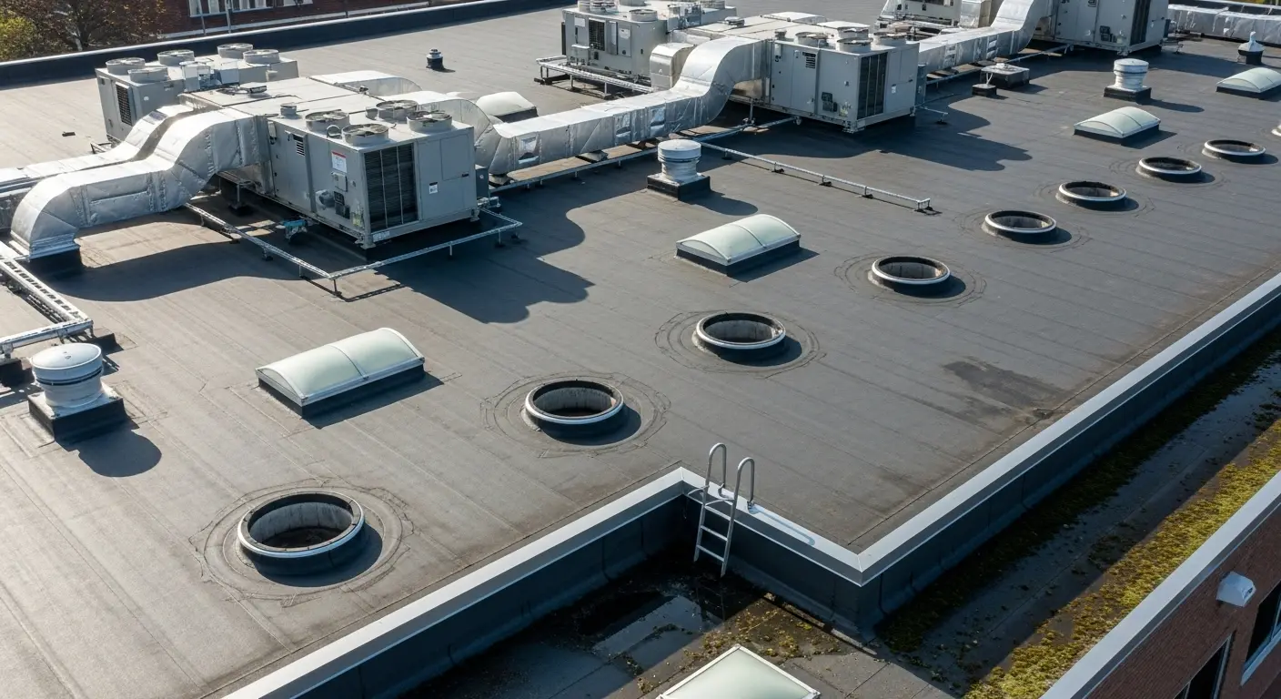 Flat commercial roof with rooftop HVAC units on a Hialeah, Florida building