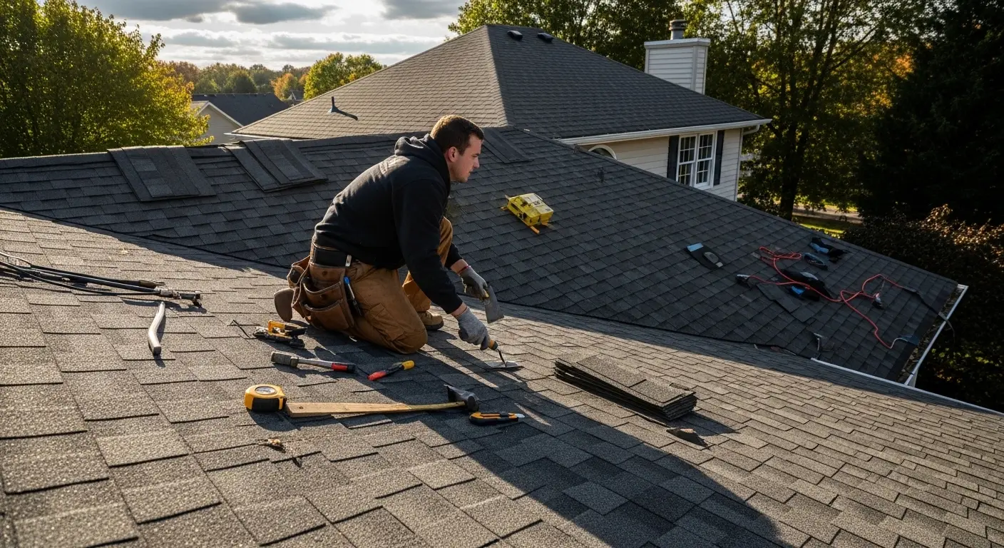 Roofer kneeling on a sloped gray shingle roof with a pry bar, hammer and tape measure laid out beside him