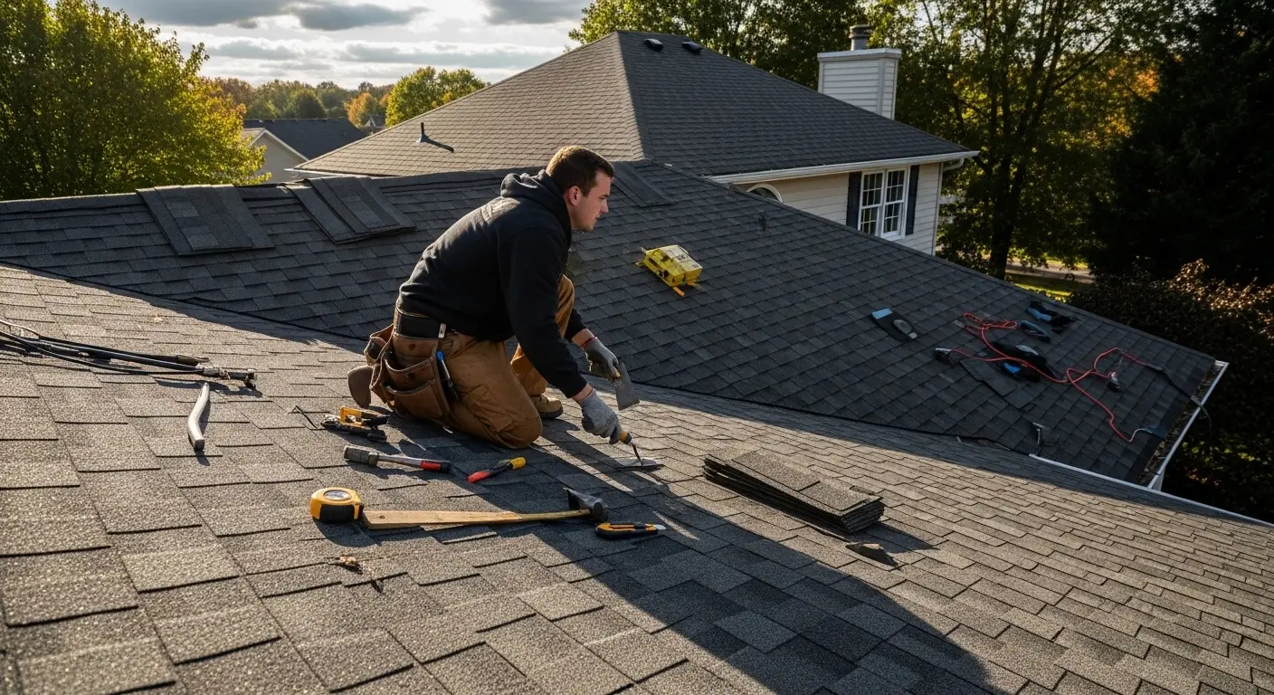Roofing estimator inspecting shingles during a free roof inspection